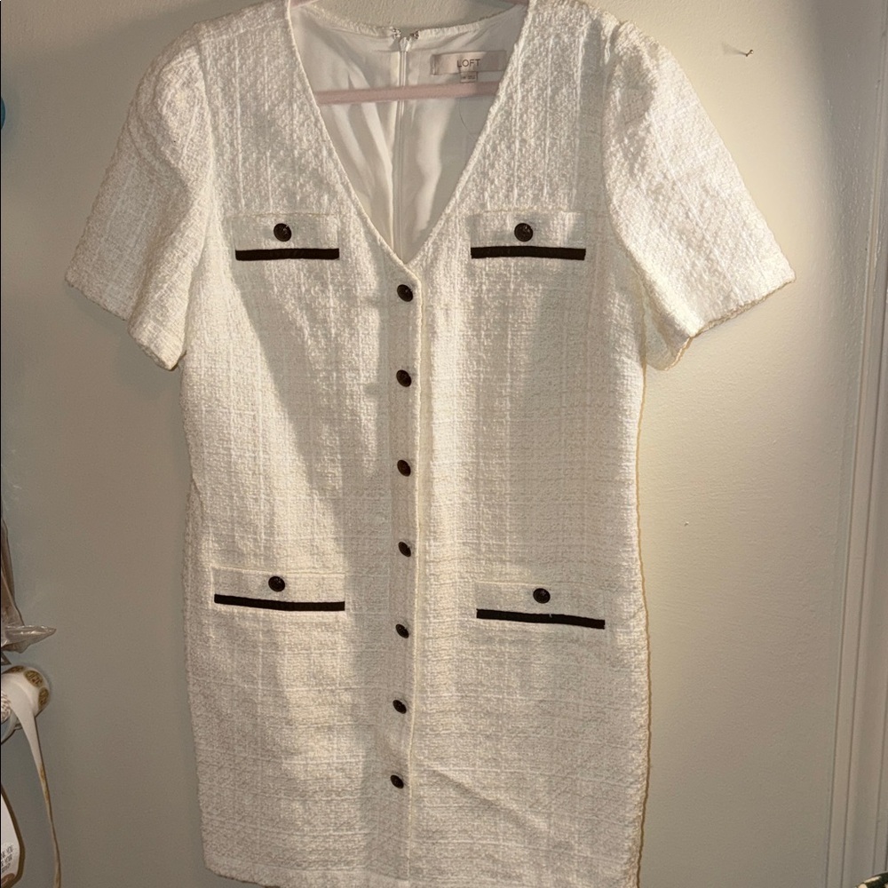 NWT LOFT White Tweed Mini Dress with Black Trim Buttons